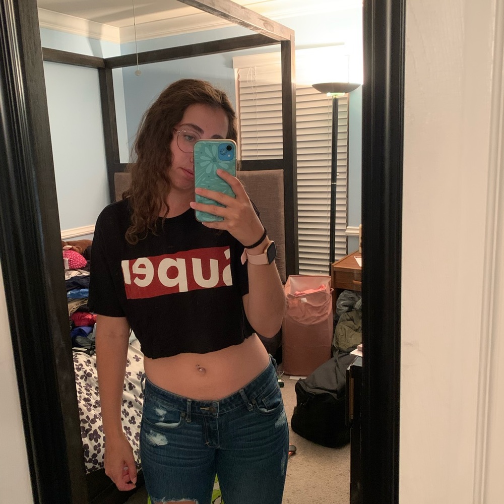 Super crop top, black red and white, size medium but fits like a small